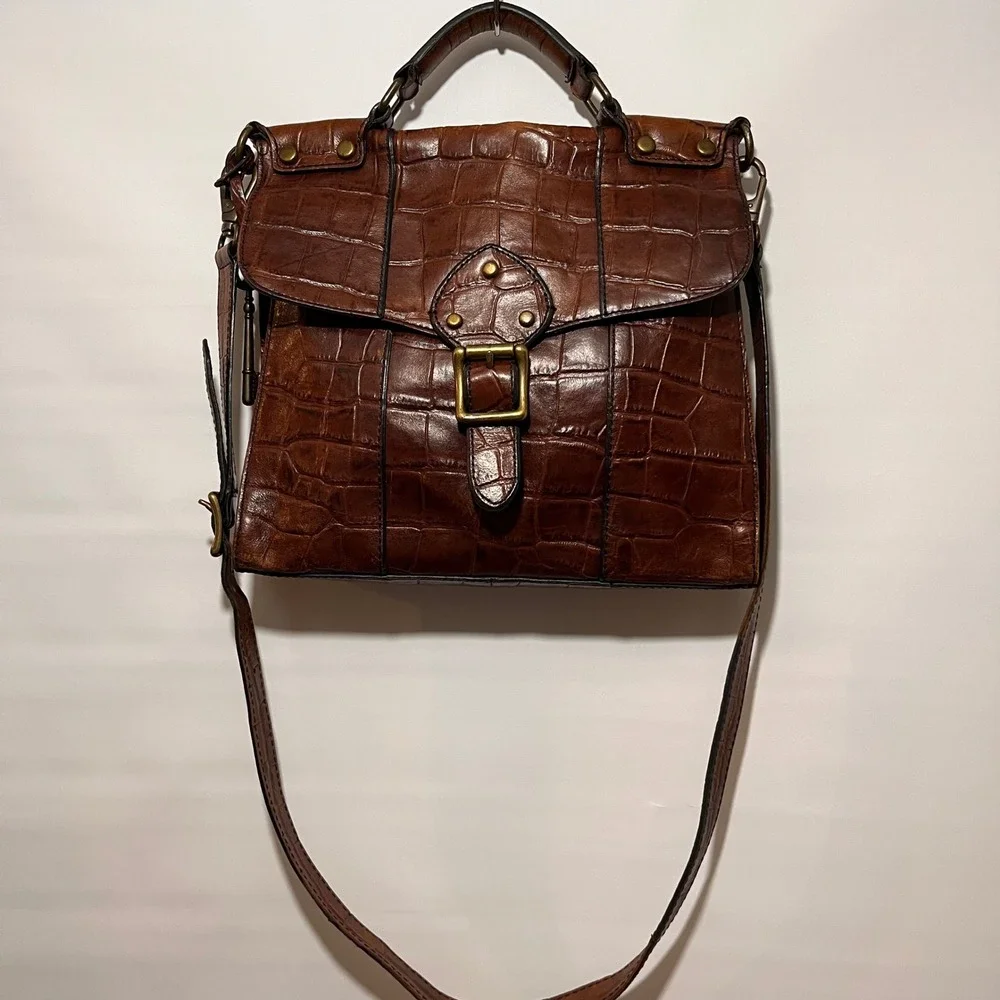 Fossil Crossbody Bag Croc Embossed Leather Brown Women Small ZB5438 - Picture 2 of 9